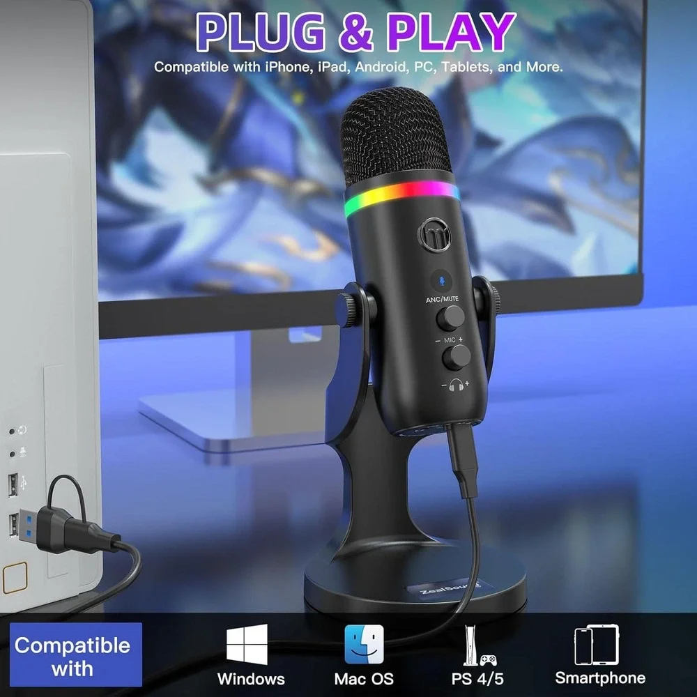 ZealSound K66 PRO Professional Studio USB Microphone Gradient RGB Stand Cables